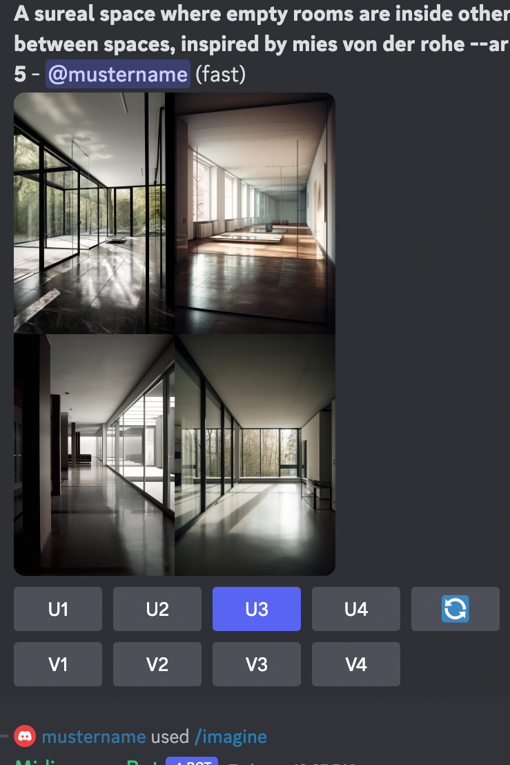 A series of rooms, created on Midjourney, in the style of a van der Rohe design.