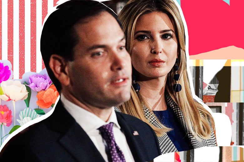 A collage with stripes, colors, and Marco Rubio standing next to Ivanka Trump.