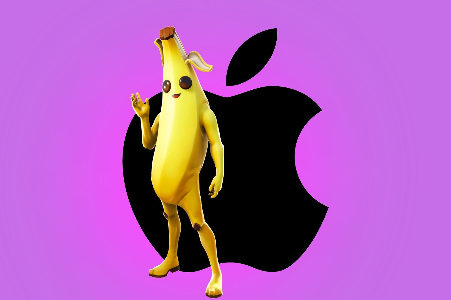 The Fortnite character Peely and the Apple logo.