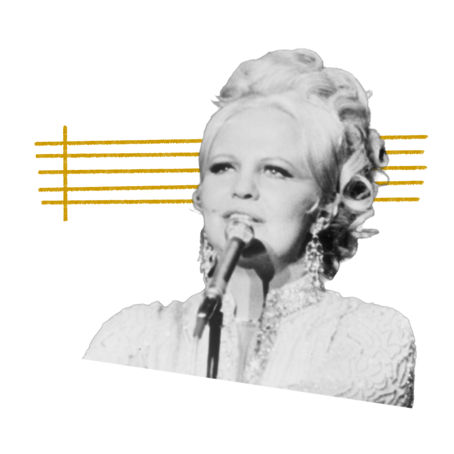 Peggy singing in black and white.