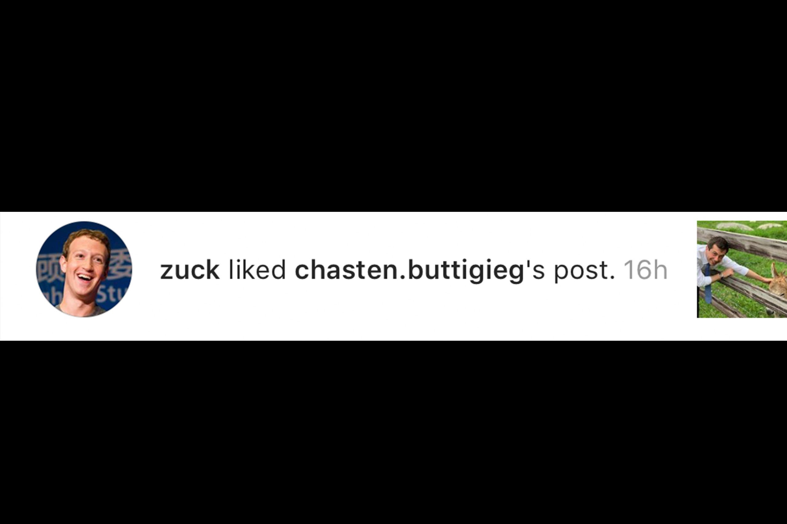 Mark Zuckerberg faves of a photo of Pete Buttigieg posted by his husband