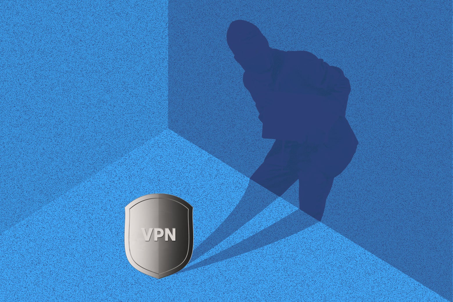 A shield emblazoned “VPN,” with a shadow of a person emerging from it.