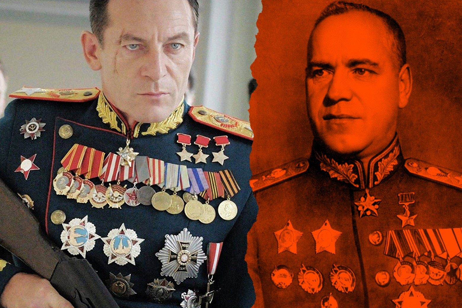 At left: Jason Isaacs as Georgy Zhukov in the film. At right: the real Georgy Zhukov.