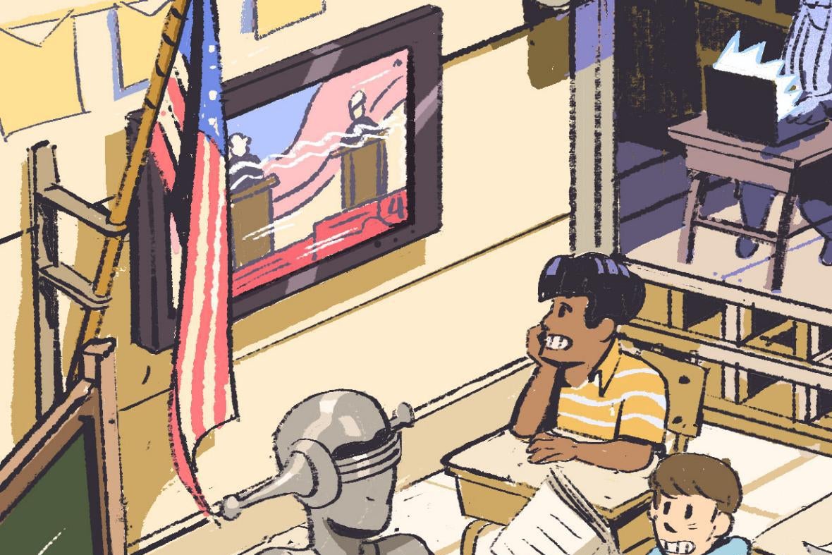 A kid in a classroom with a robot and another kid looks at a screen on a wall.