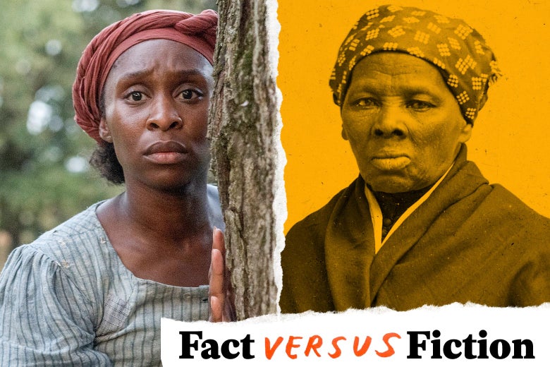 Diptych of Cynthia Erivo as Harriet Tubman, in a still from the movie, and Harriet Tubman in a historical photo.