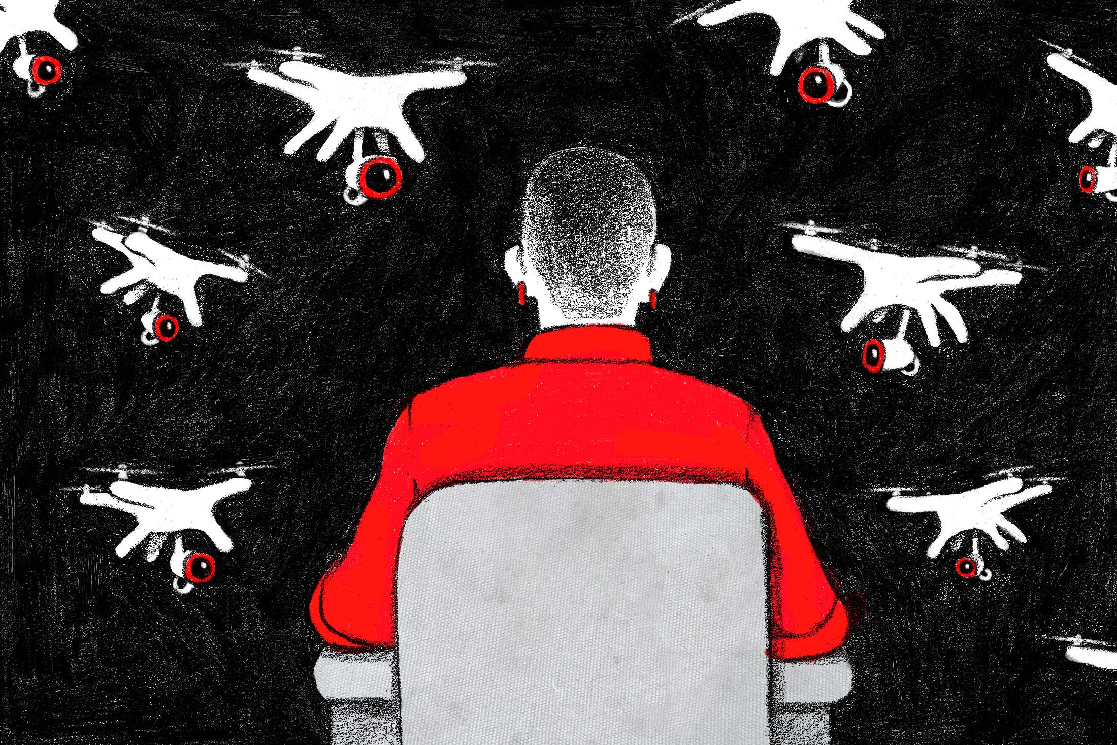 A woman looks out at a swarm of surveillance drones.