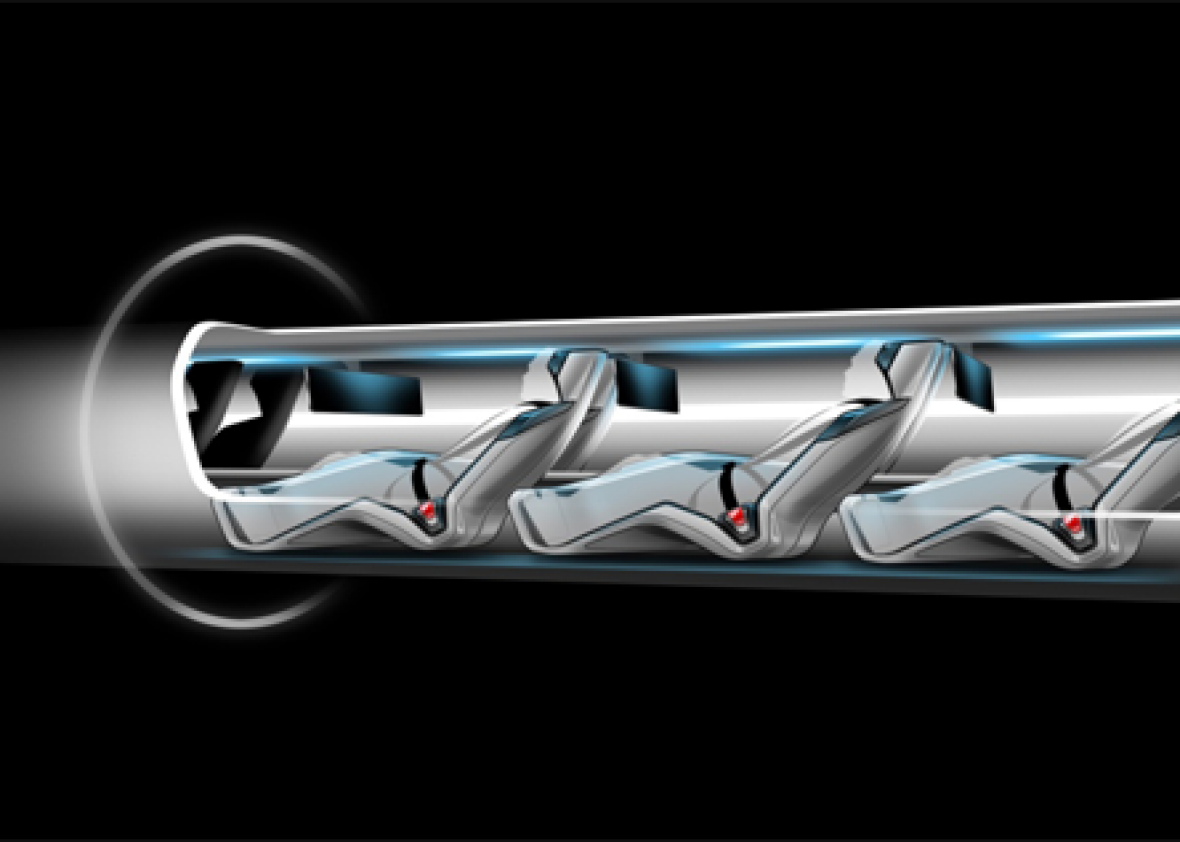 Hyperloop passenger capsule version cutaway with passengers onboard.	