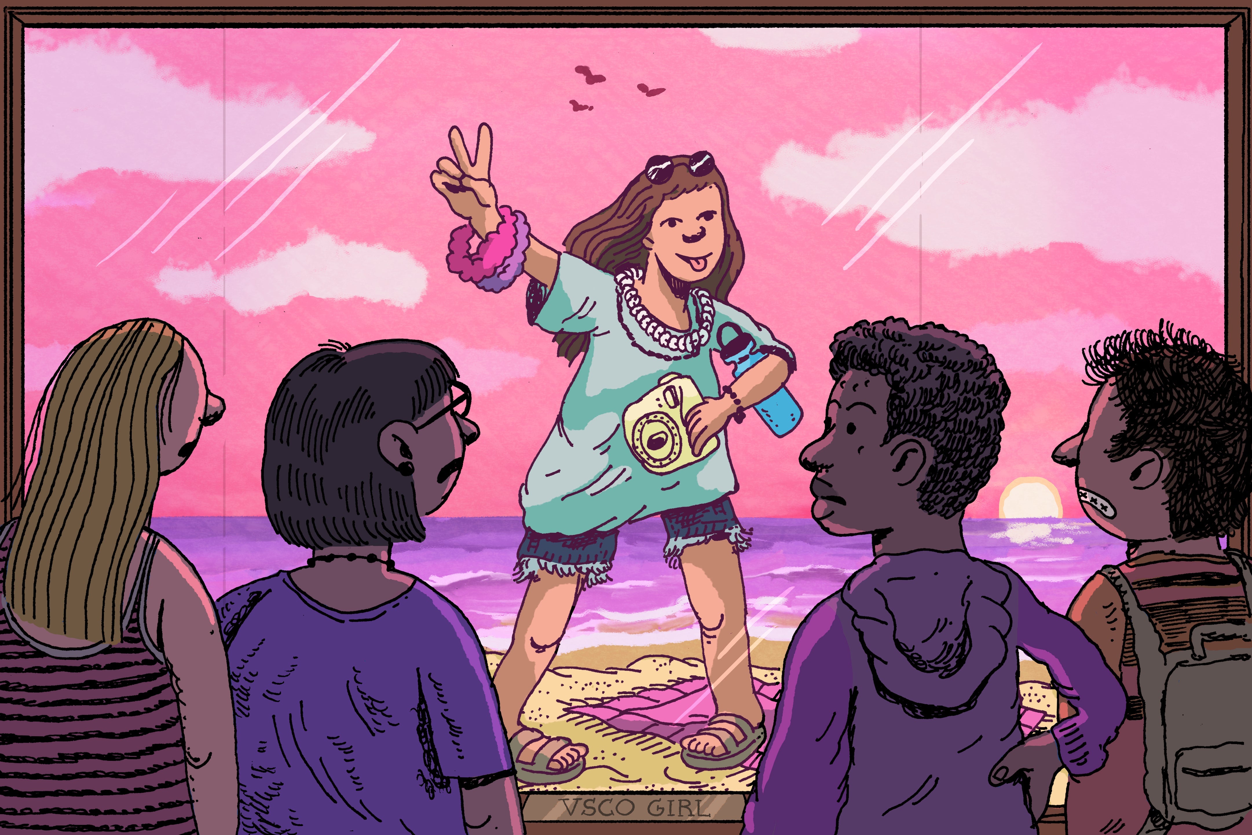 Illustration of a VSCO girl throwing a peace sign gesture while four teens look on with disapproval.
