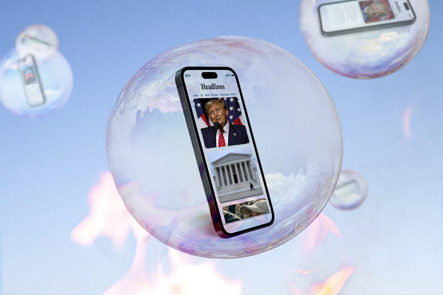 A phone with news headlines on the screen, trapped inside of a bubble.