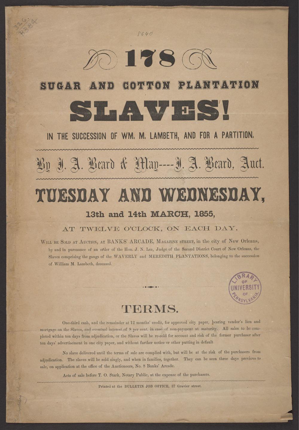 slave auction slaves 1855 advertisement brochure plantation orleans georgia slavery were auctions history pamphlet america americans pennsylvania african slate became