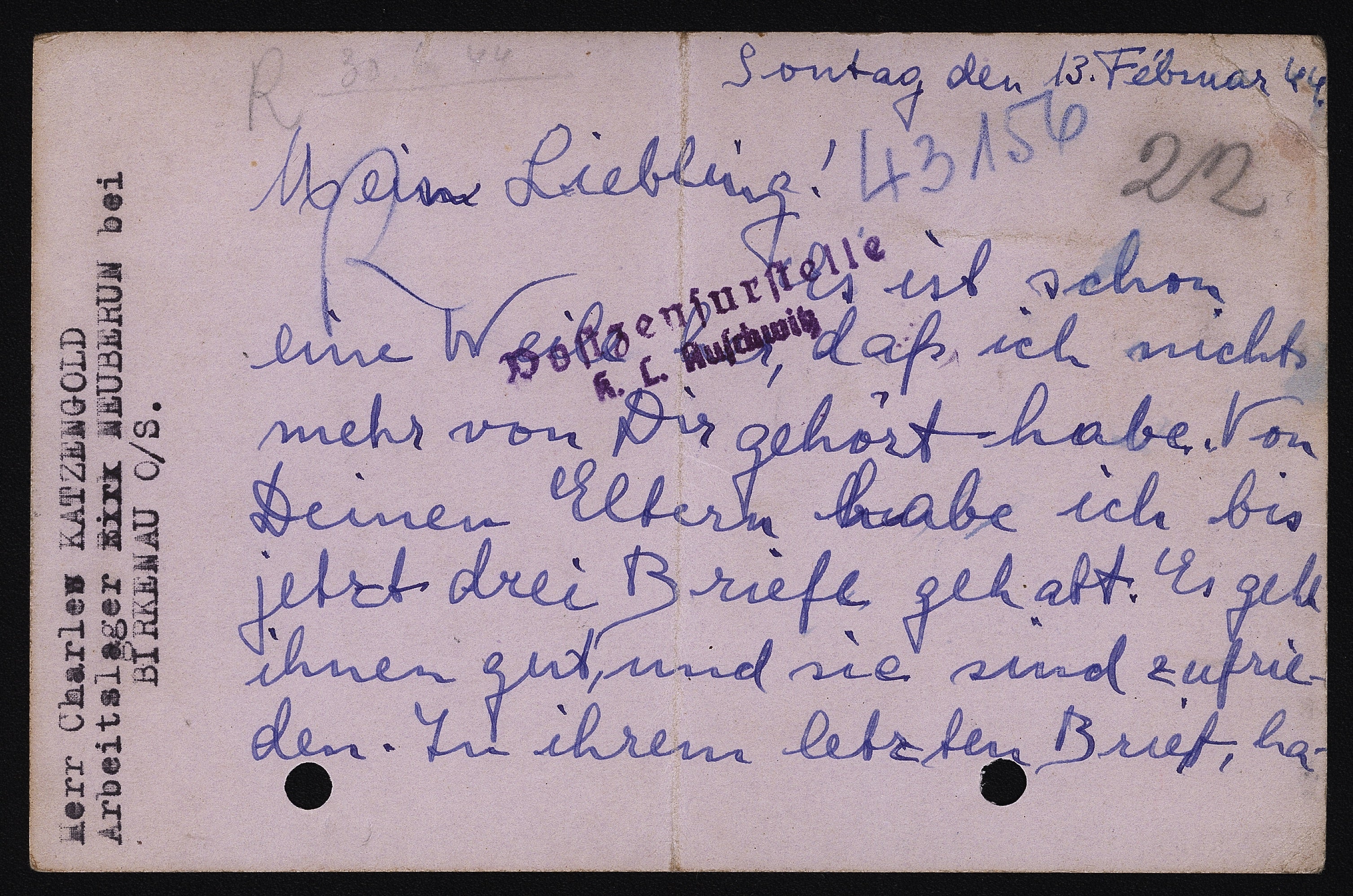 A handwritten postcard with typewritten address on the left margin. 