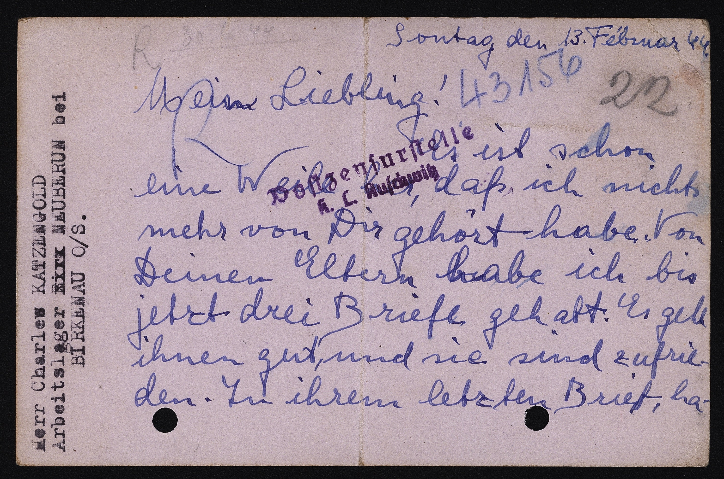 A handwritten postcard with typewritten address on the left margin.