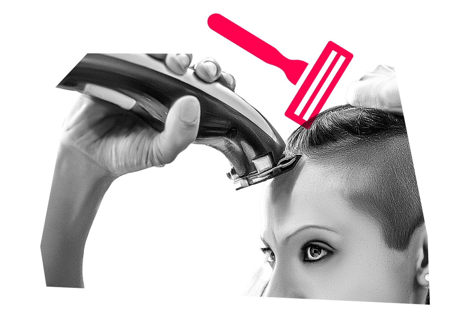 A woman holding a hair trimmer to the top of her head.