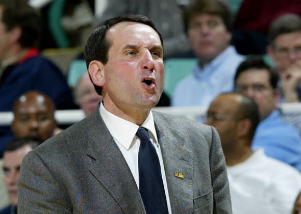 Head Coach Mike Krzyzewski of the Duke Blue Devils yells during their game.