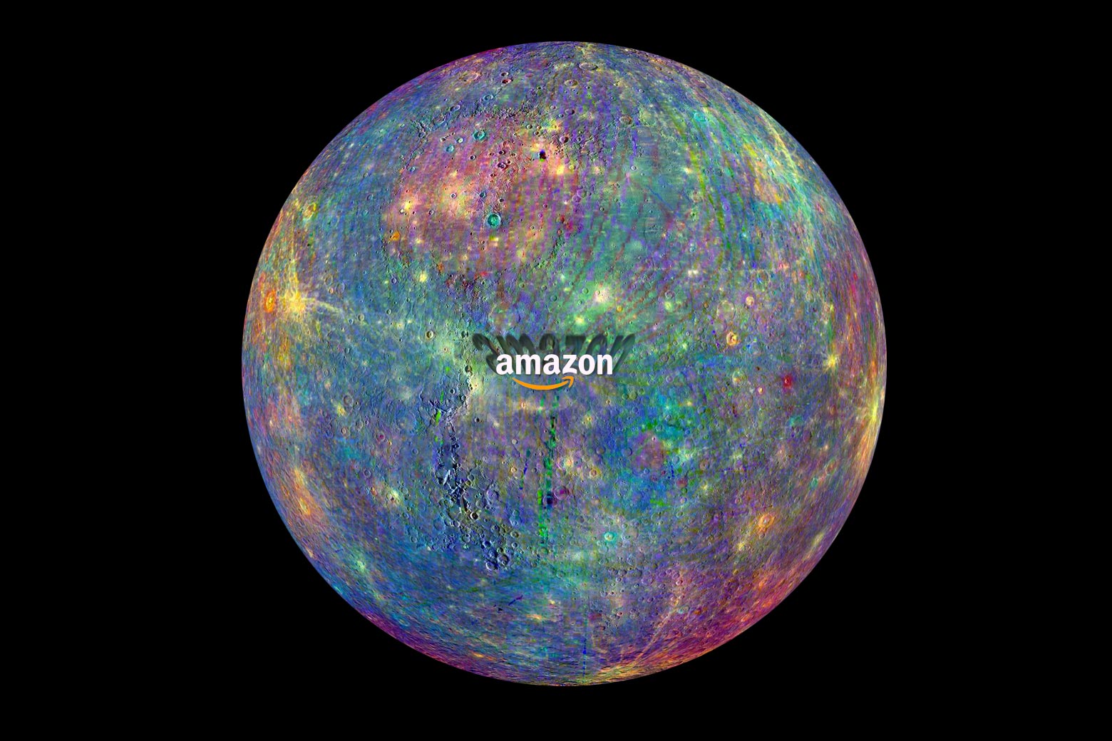 A view of Mercury with the Amazon logo over it. 