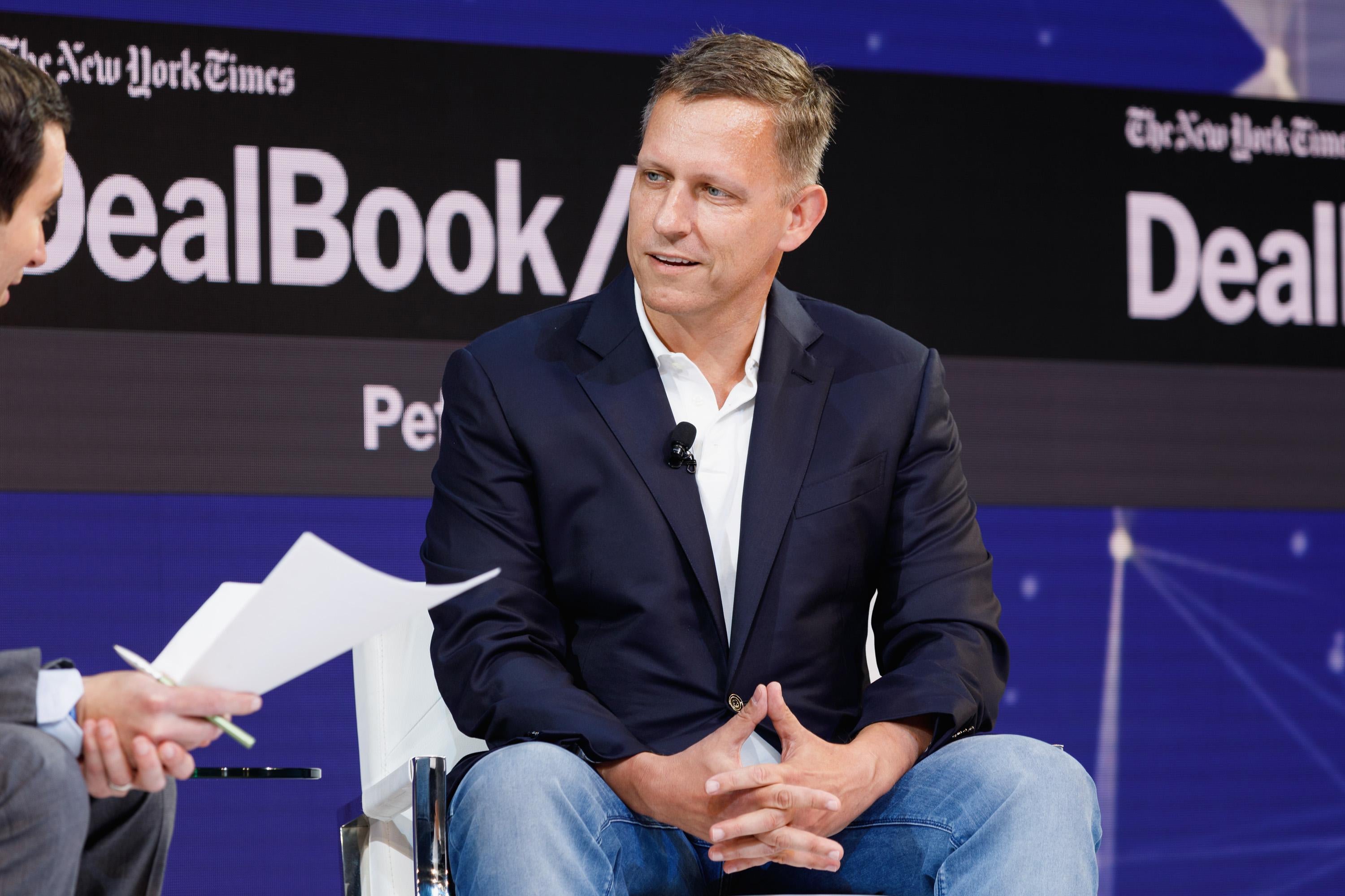NEW YORK, NY - NOVEMBER 01:  Peter Thiel, Partner, Founders Fund speaks onstage during the 2018 New York Times Dealbook on November 1, 2018 in New York City.  (Photo by Michael Cohen/Getty Images for The New York Times)