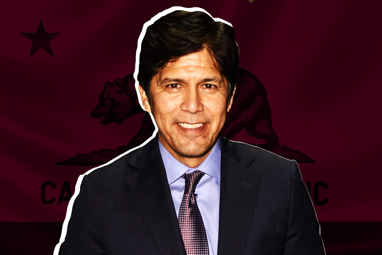 Kevin de León against the background of the California flag.