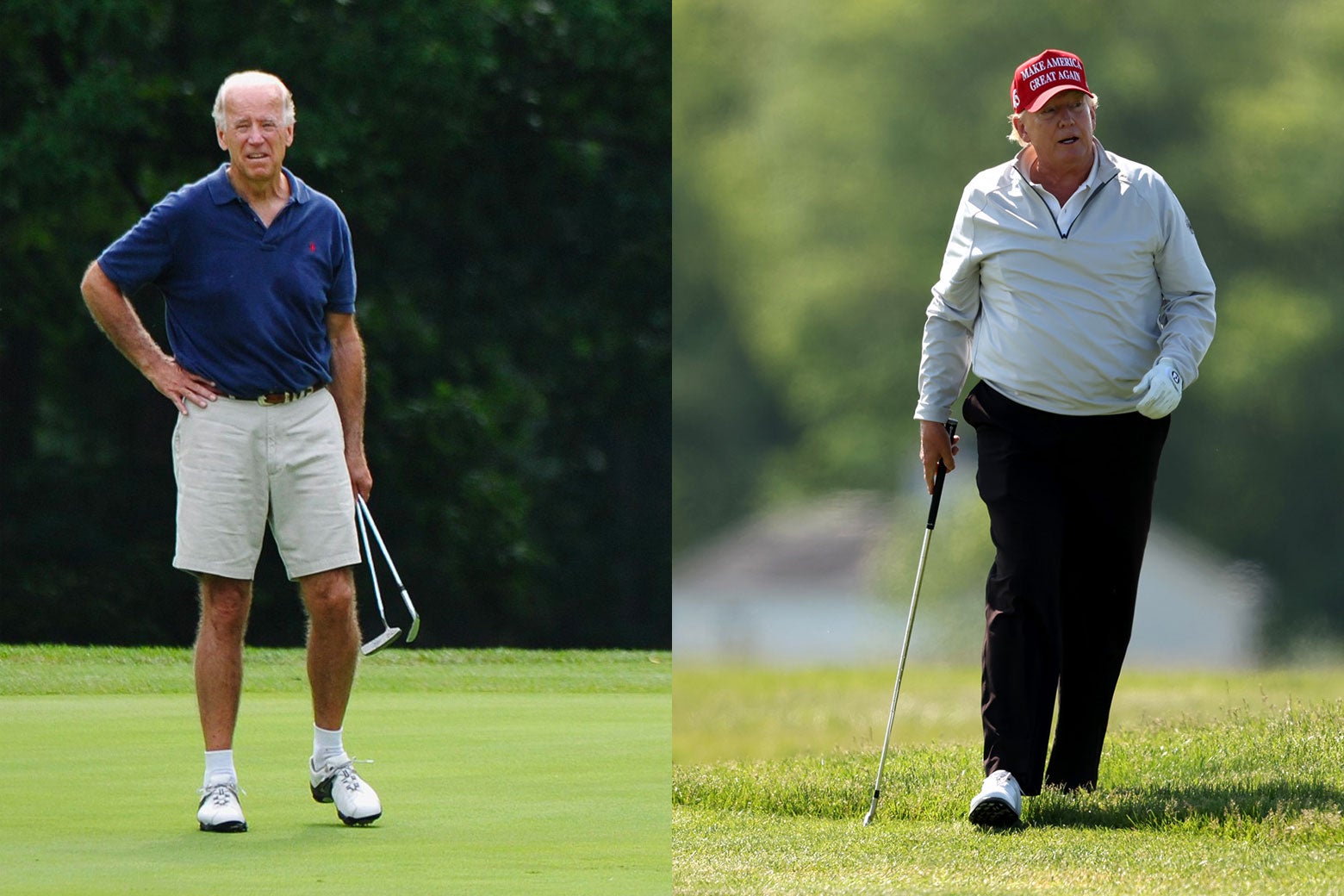 Donald Trump and Joe Biden in side-by-side photos of them on a golf course. 