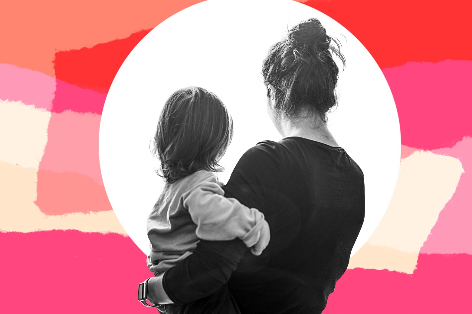 Photo illustration of a woman holding a small child. Both have their backs turned to the camera.