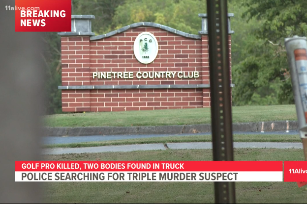 A screenshot from a news report on local NBC affiliate WXIA shows the entrance to the Pinetree Country Club in Kennesaw, Ga., where three people were found dead on July 3, 2021.