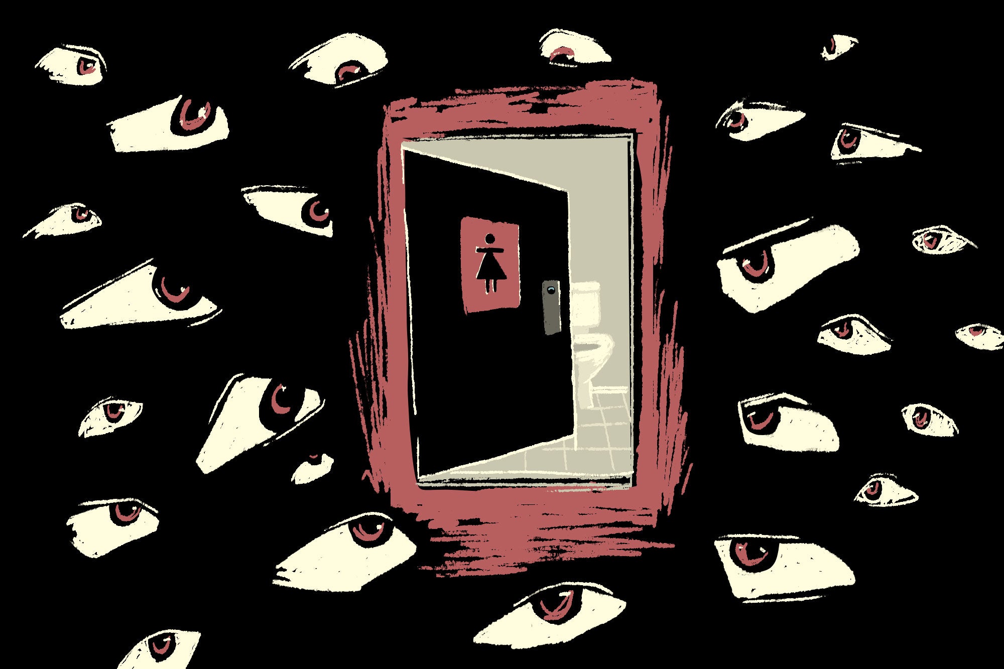 An illustration of a door to a public restroom opening as many eyes watch it menacingly from the surrounding dark.