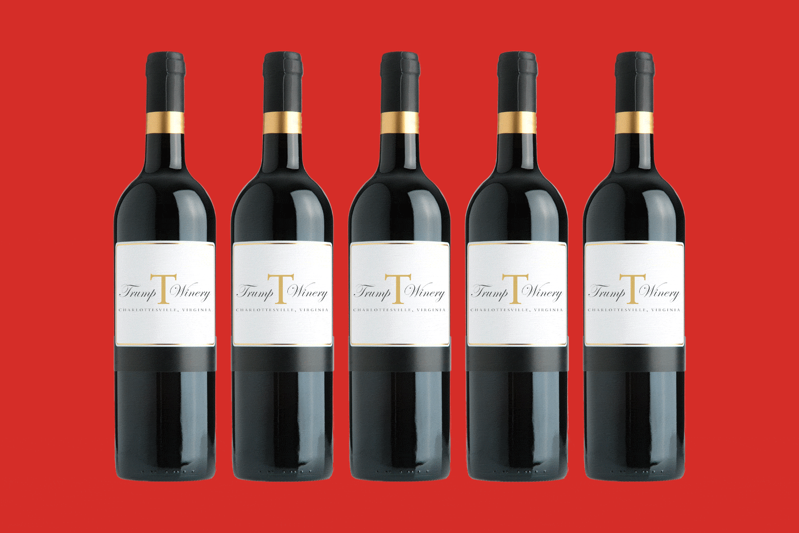 Five bottles of Trump Wine in front of a blinking blue and red background.