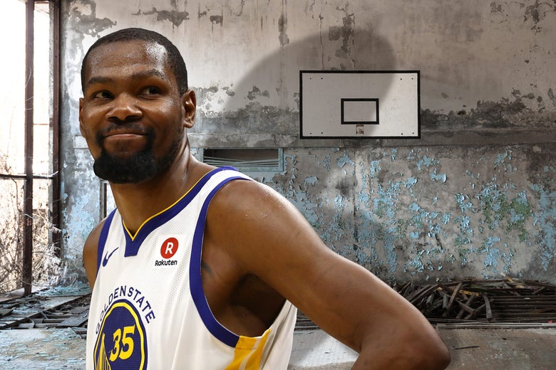 Kevin Durant in an abandoned basketball court.