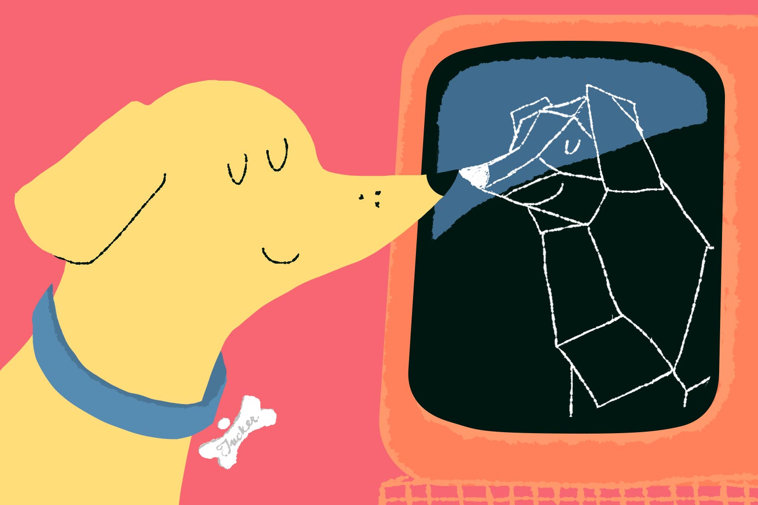 A dog touches its nose to a screen where a drawing of a different dog touches its own nose back.