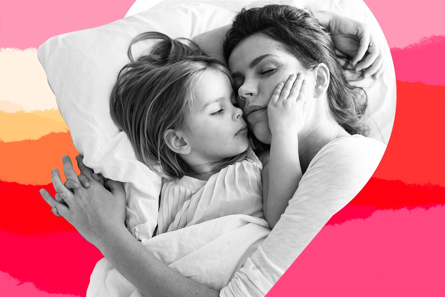 Photo illustration of a mom and daughter co-sleeping.