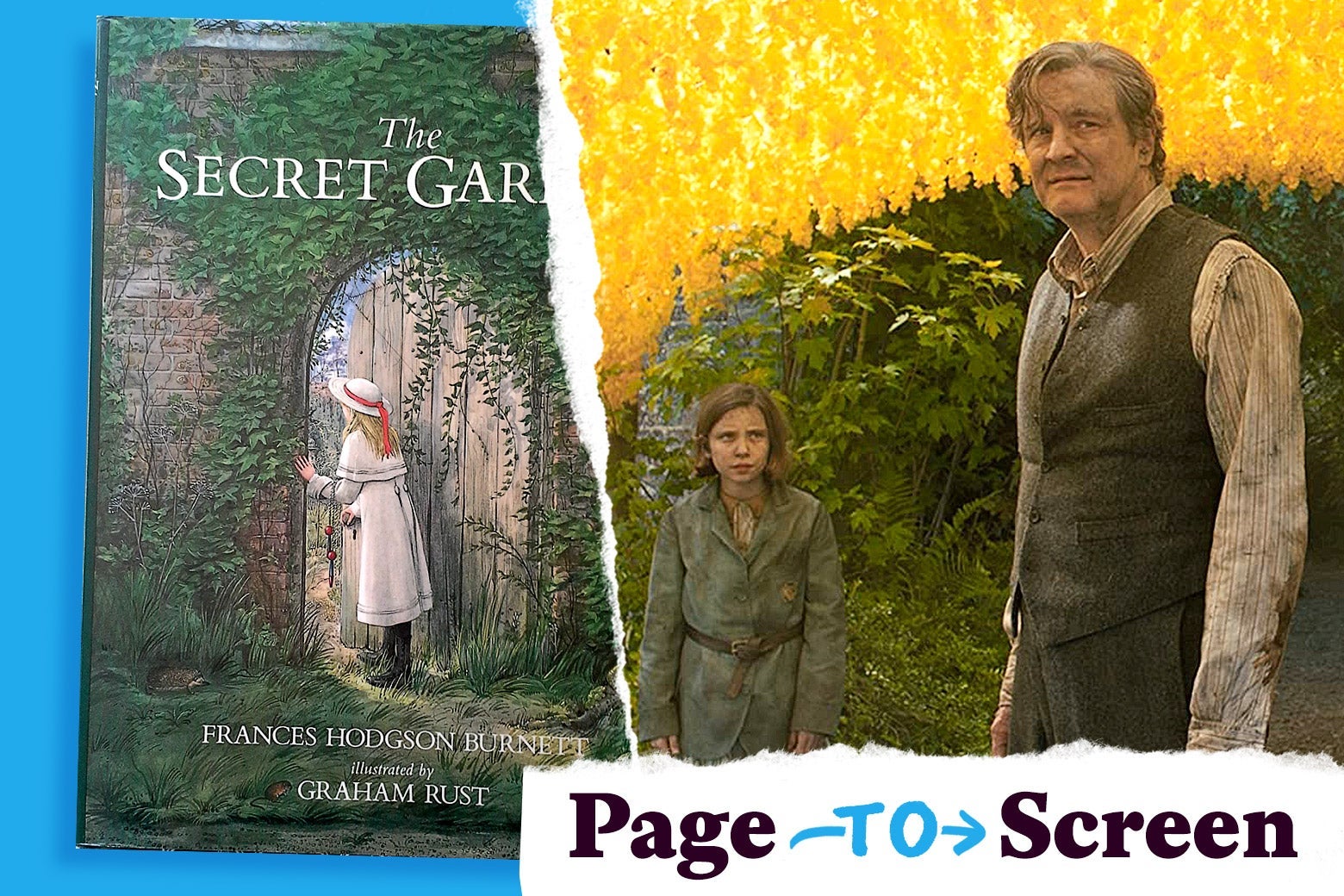 The Secret Garden book cover, and Colin Firth and Dixie Egerickx in a scene from the book's film adaptation