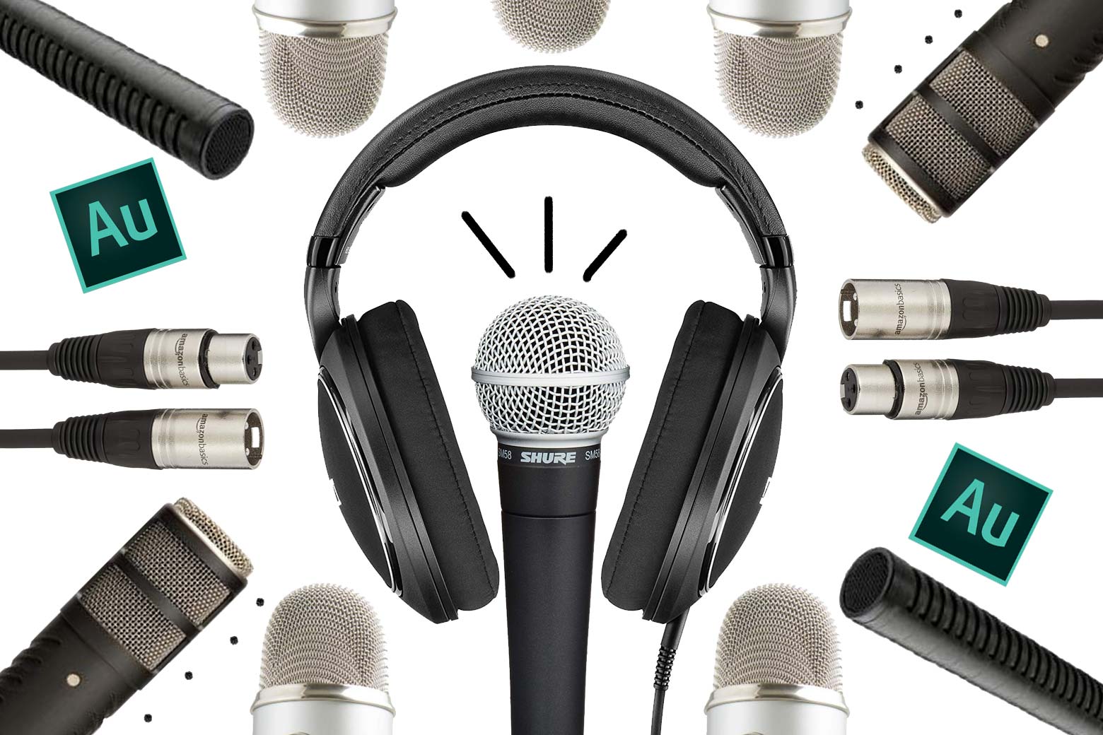 Collage of podcasting equipment.