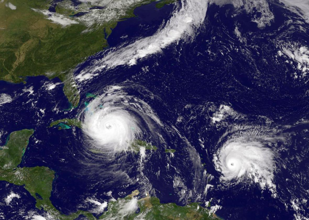 In this NASA/NOAA handout image, NOAA's GOES satellite shows Hurricane Irma in the Caribbean Sea and Tropical Storm Josein the Atlantic Ocean taken at 15:45 UTC on September 08, 2017.