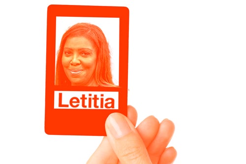 A "Guess Who?" game-style card with an image of Letitia James' face.