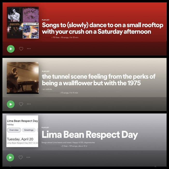 Three screenshots of Spotify playlists, one with a red background, one with a beige background, and one with a gray background.