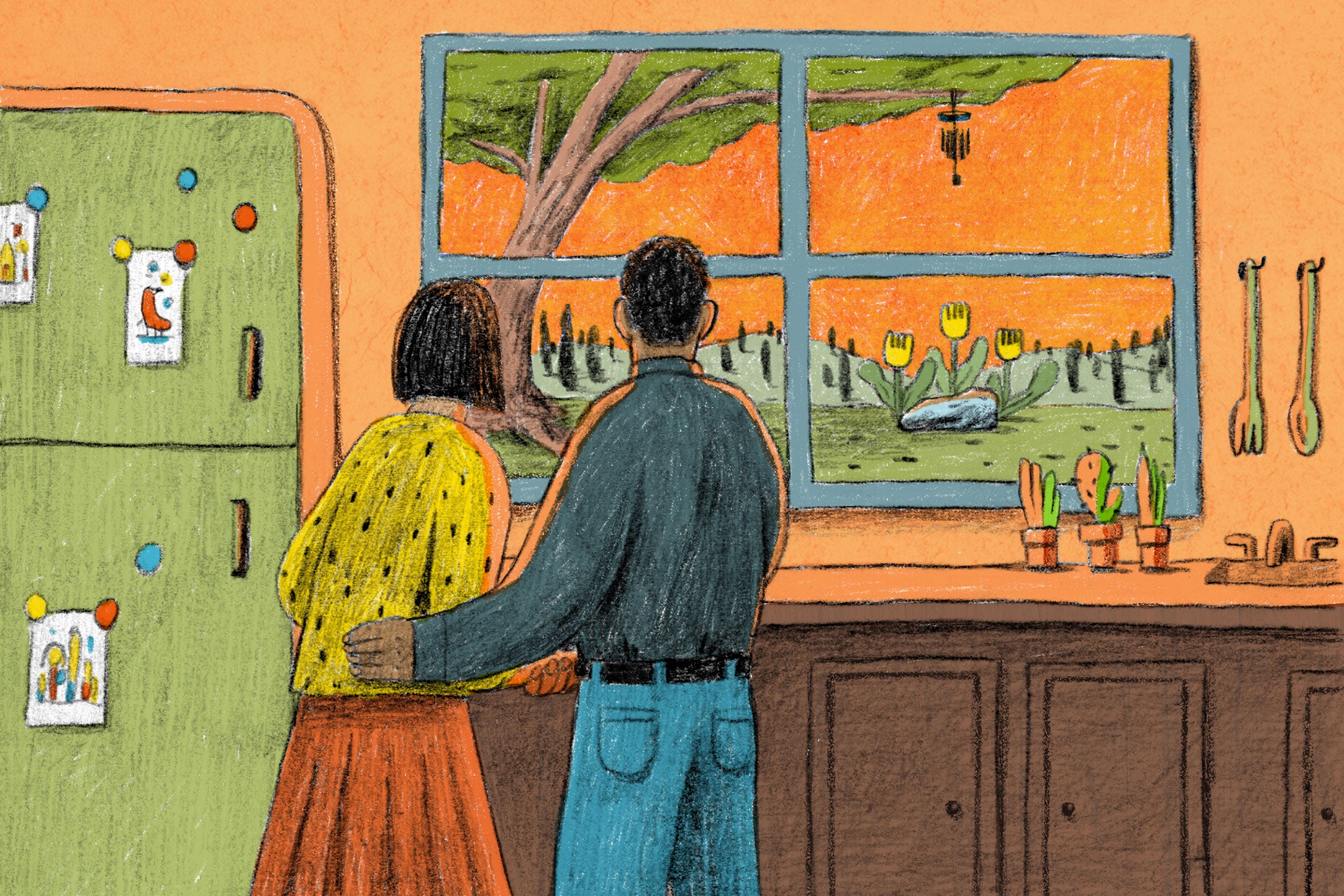 Illustration of a couple looking out their kitchen window at their baby's grave site.