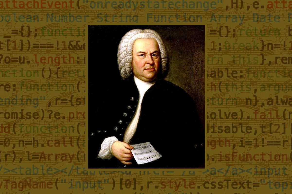 Photo illustration of a Johann Sebastian Bach portrait with a background of computer code.
