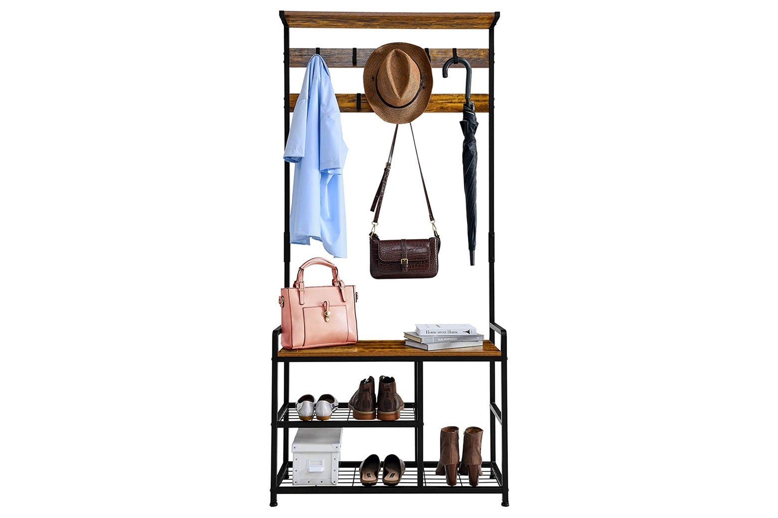 Combination coat rack, storage shelf, and shoe bench