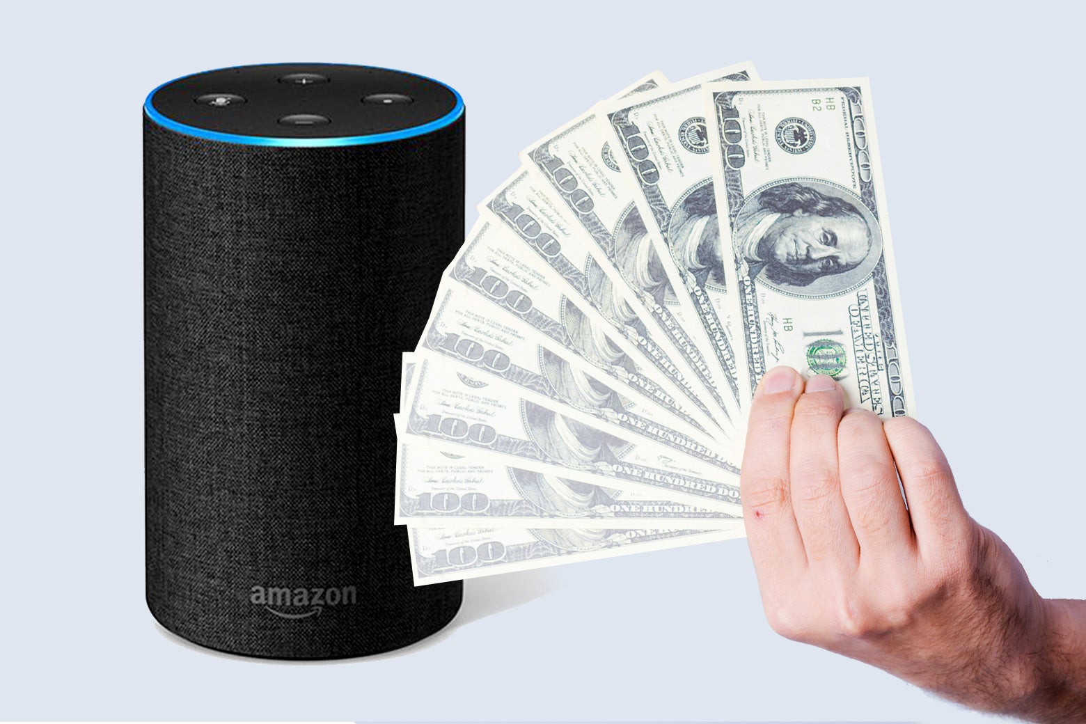 An Amazon Echo and a man flashing a wad of cash at it.