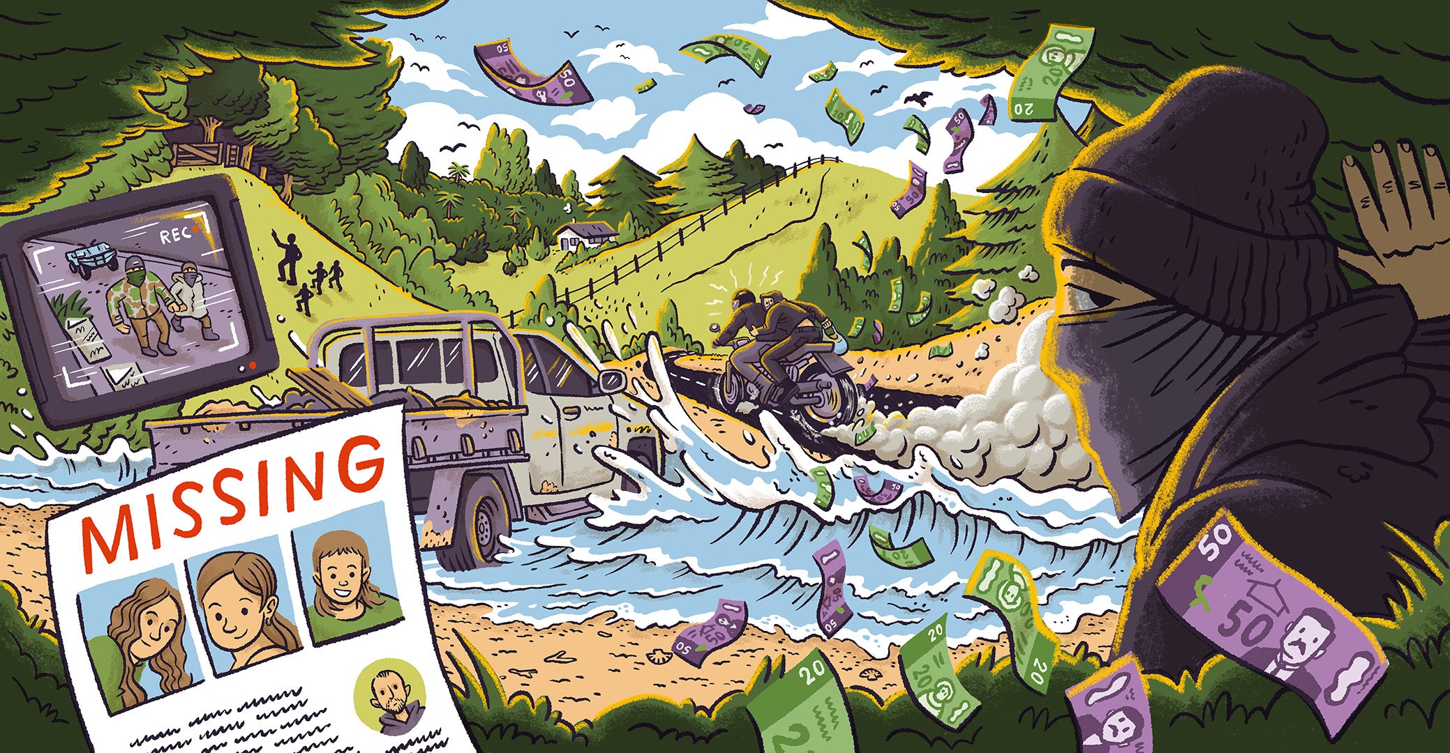Cartoon images of a missing poster with three kids, footage of two bank robbers, loose bank notes flying through the air, a pickup truck parked on the beach, and two people on a motorbike.