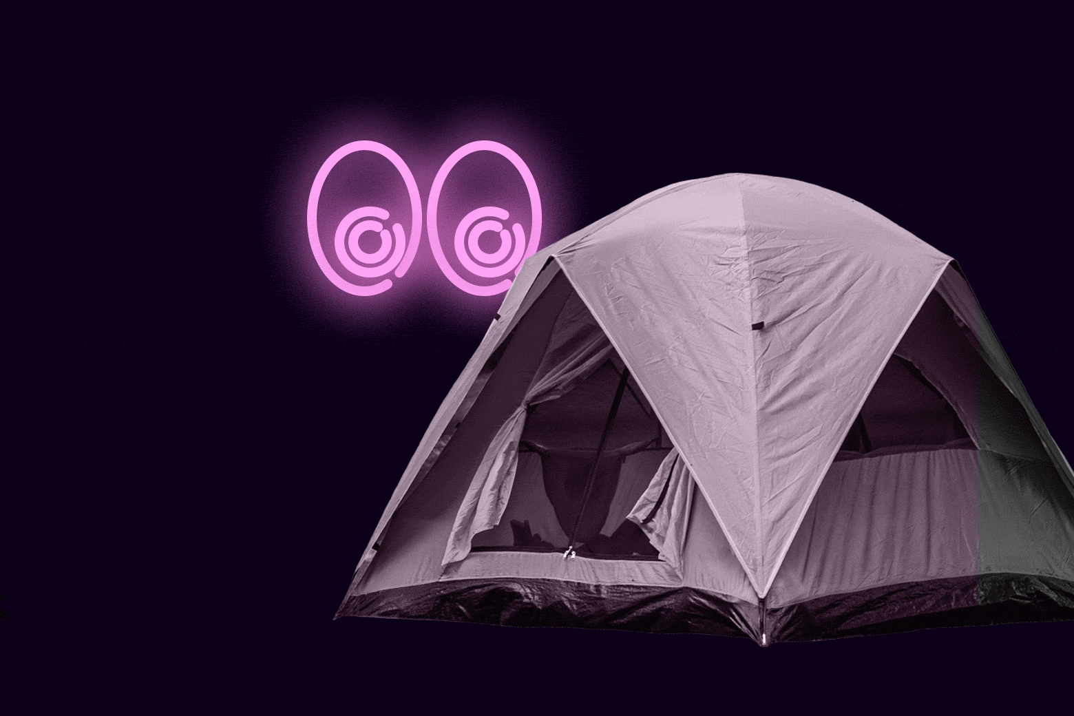 A camping tent and neon eyes floating above.
