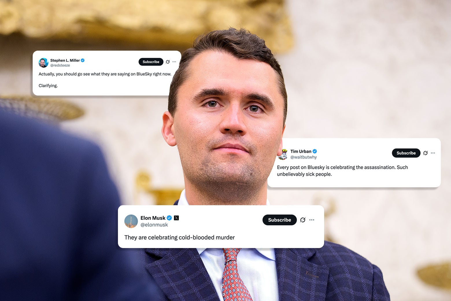 Charlie Kirk vestindo um terno azul com capturas de tela de tuítes com temática de direita ao seu redor.