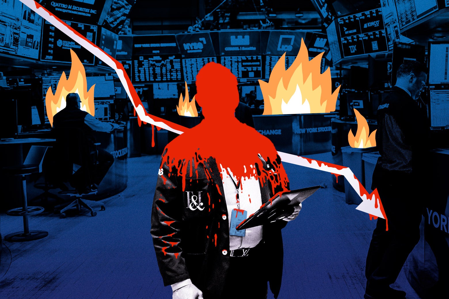 A photo illustration of carnage and flames on the New York Stock Exchange trading floor. 
