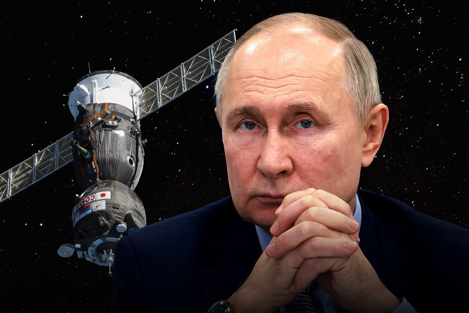 A photo illustration of Putin in the foreground, with outer space and a satellite in the background.