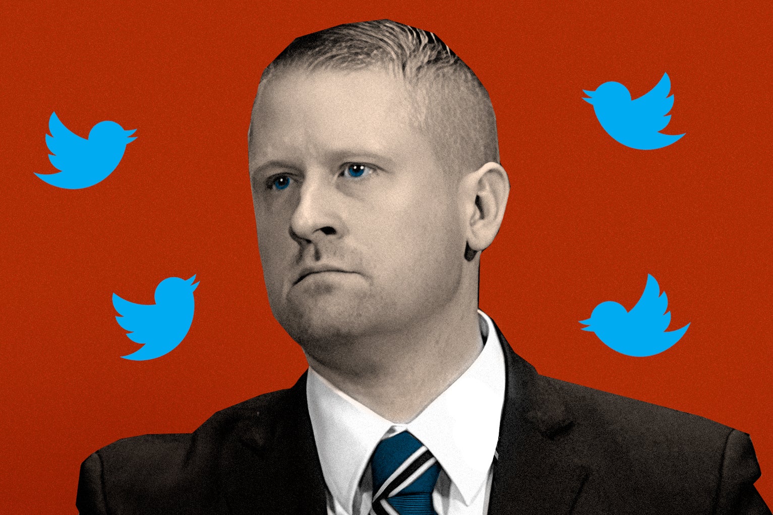 Judge Matthew Kacsmaryk illustrated in a red background surrounded by Twitter birds.