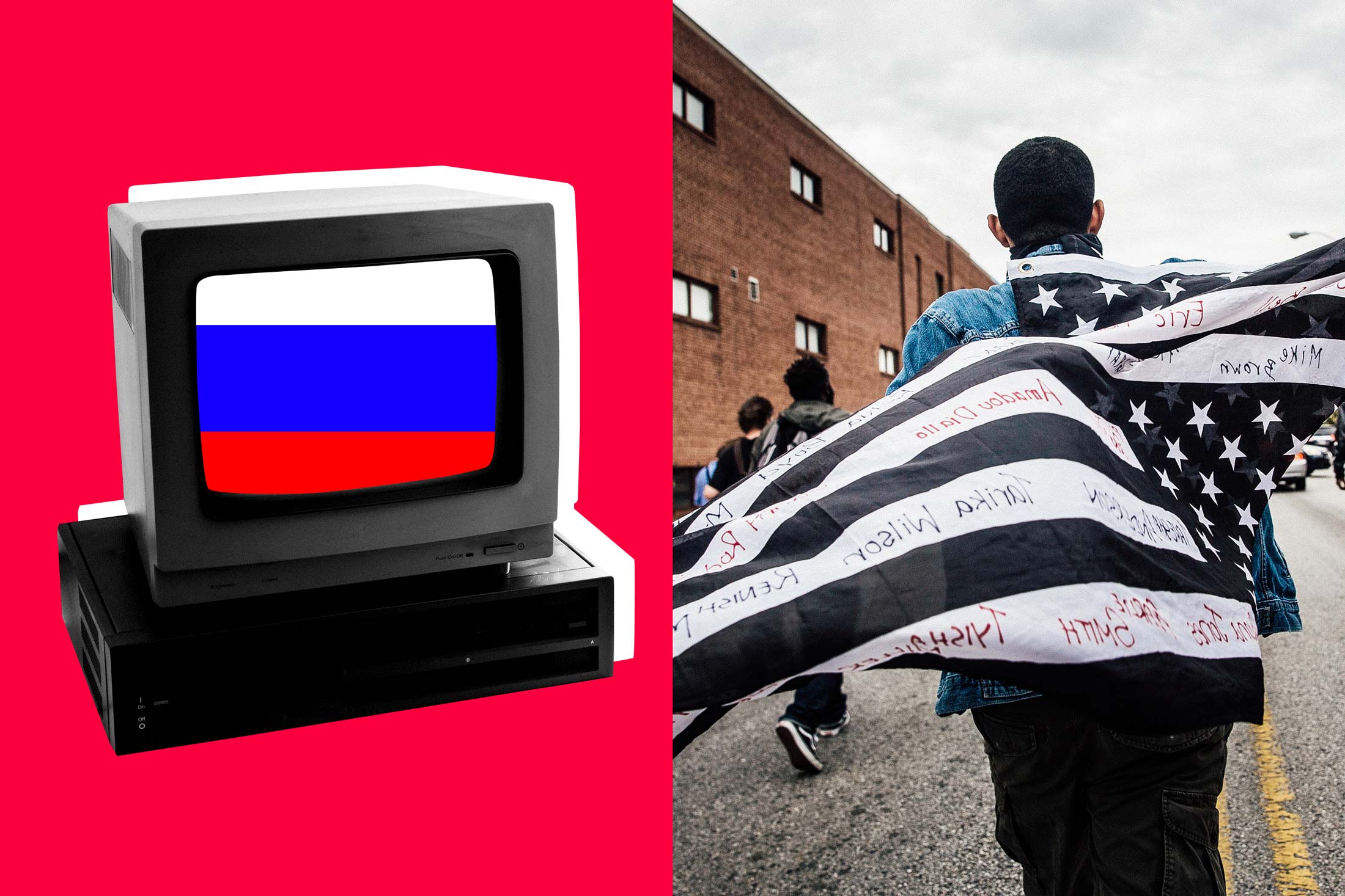 Computer terminal with Russian flag on screen, Protesters march through the streets in support of Maryland state attorney Marilyn Mosby's announcement that charges would be filed against Baltimore police officers in the death of Freddie Gray on May 1, 2015 in Baltimore, Maryland. 
