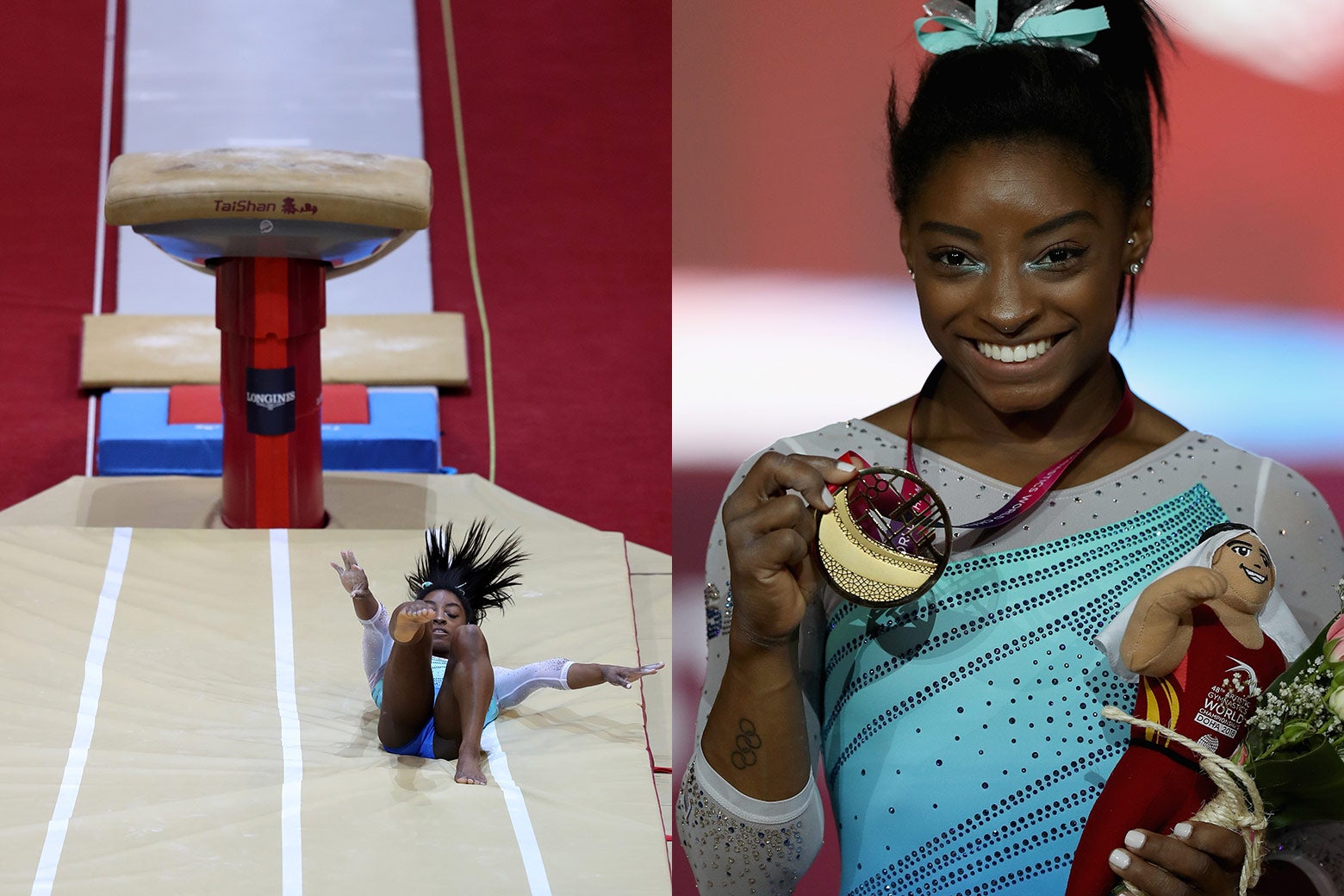 Simone Biles falling, Biles holding her gold medal