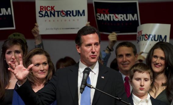 Republican presidential candidate Rick Santorum addresses an election night party in Steubenville, Ohio, March 6, 2012.