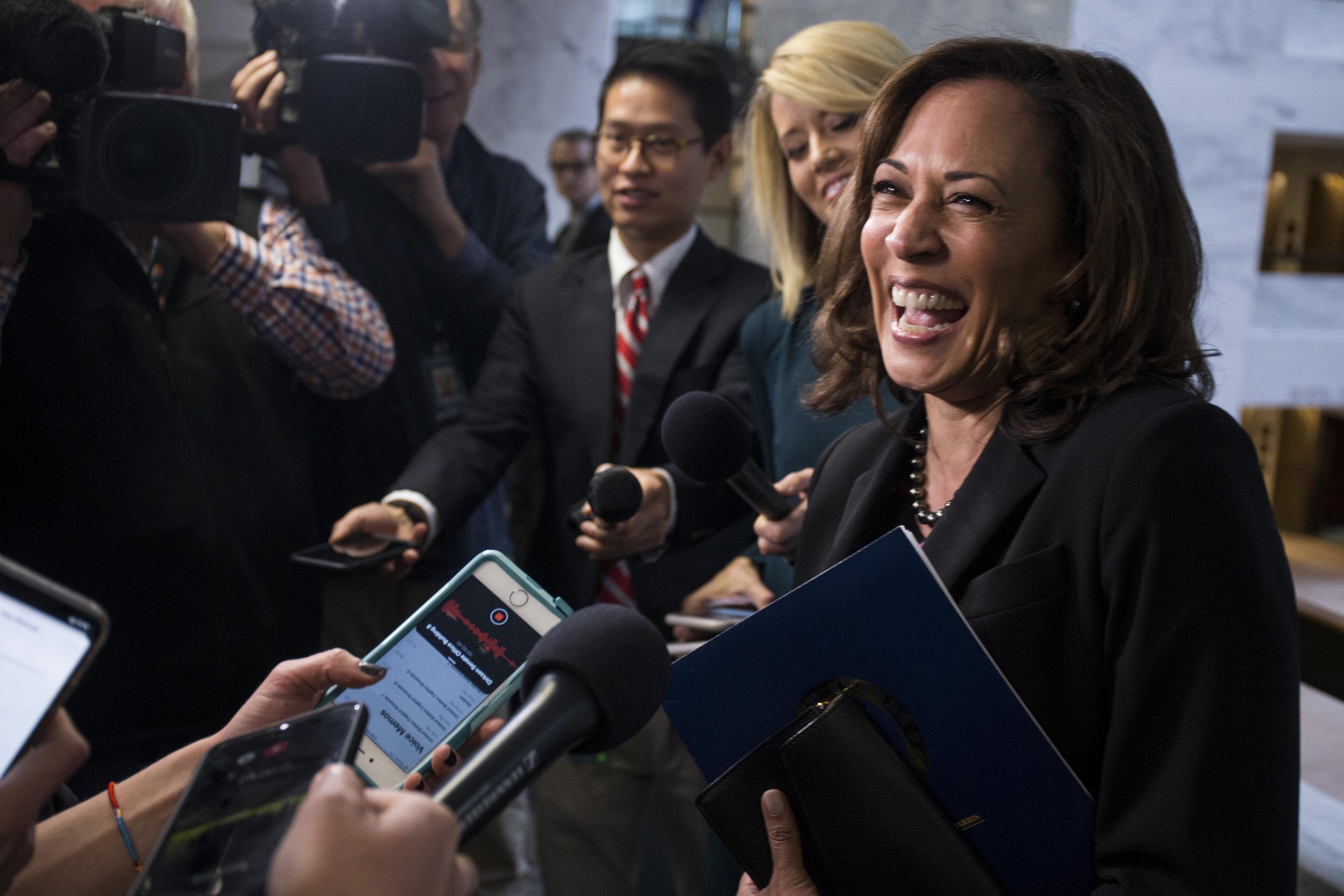 Sen. Kamala Harris (D-CA) speaks to reporters following a closed briefing on intelligence matters on Capitol Hill on December 4, 2018 in Washington, D.C.