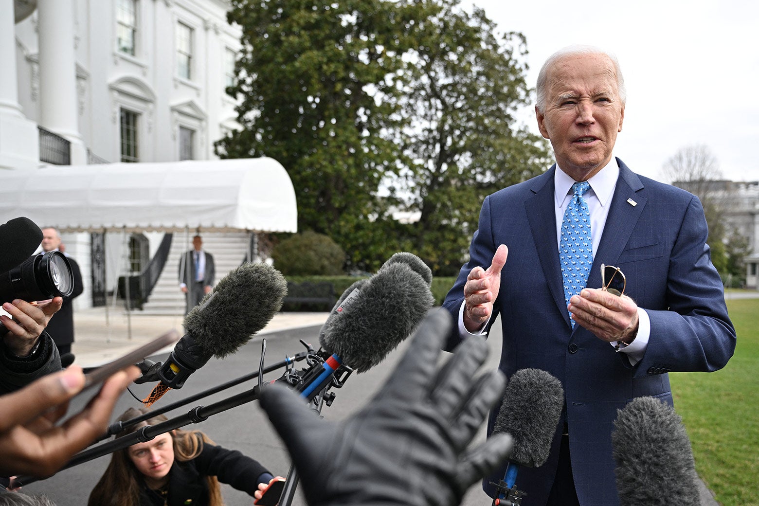 Joe Biden speaks to reporters before boarding Marine One on the South Lawn of the White House in Washington, D.C. on Tuesday. 