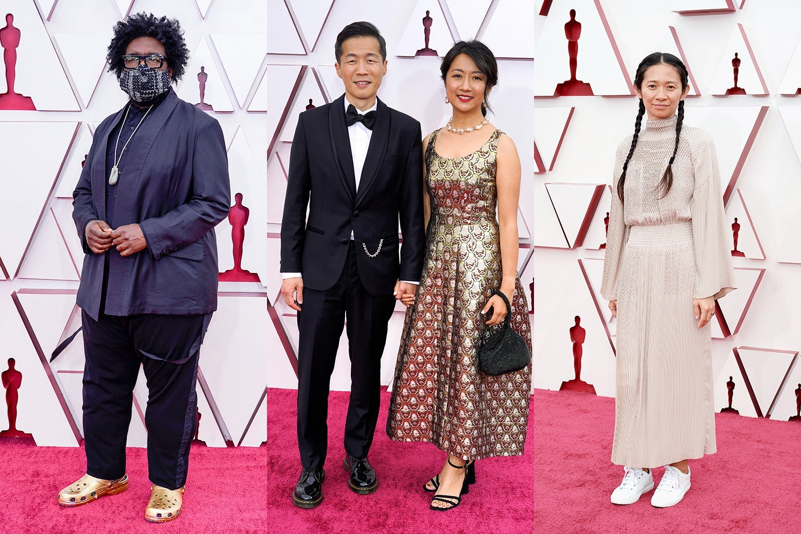 Questlove; Lee Isaac Chung and Valerie Chung; and Chloé Zhao pose on the red carpet.